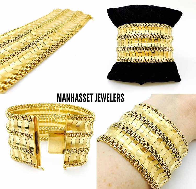 18 karat yellow gold 3 inch soft cuff vintage bracelet